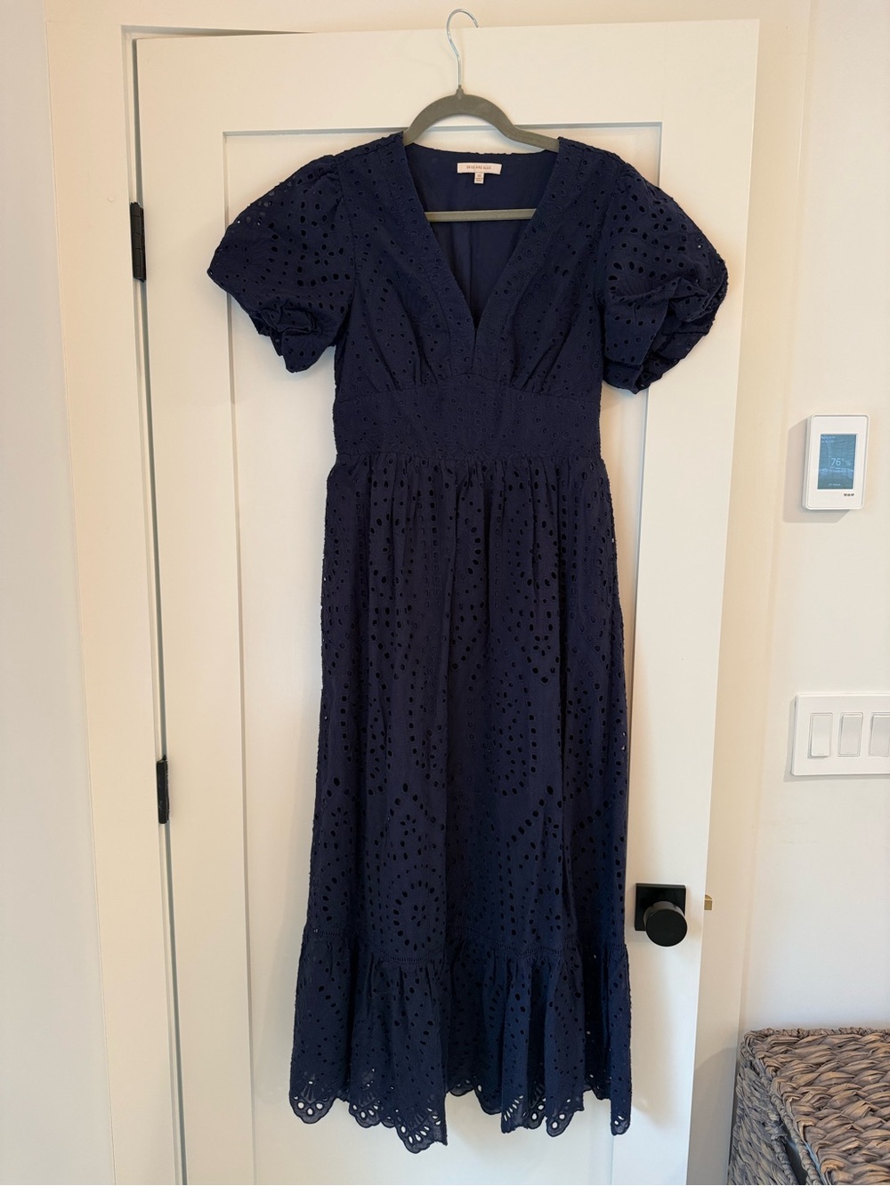 Skies Are Blue Navy Eyelet Maxi with Puff Sleeves